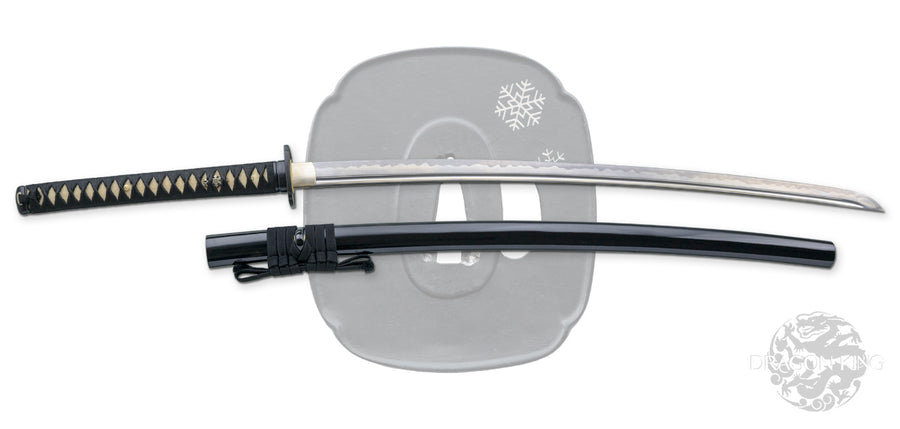 Dragon King Winter Sun Katana forged front and back tsuba showing Japanese snow monkey and snowflake motifs