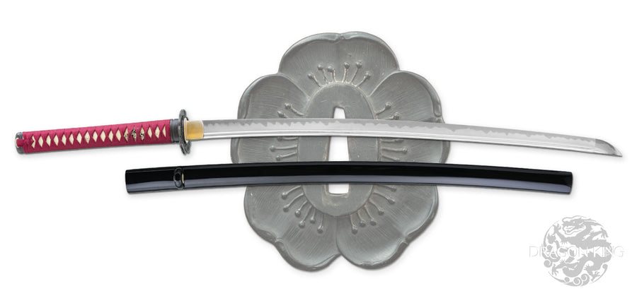 Dragon King Spring Sakura Katana full view with crimson tsuka-ito and black lacquer saya on sakura tsuba display