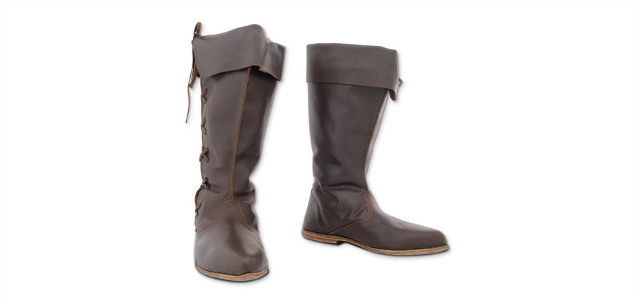 Pair of GDFB dark brown leather knee length medieval boots with fold-over cuffs and side lacing
