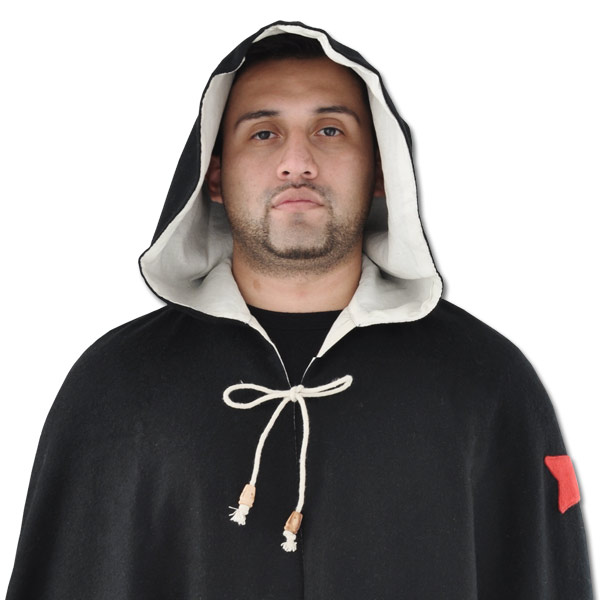 GDFB Templar cloak front view, black hood with cream cotton lining and drawstring tie