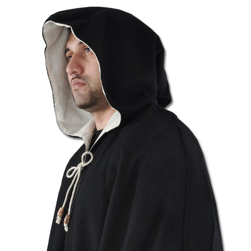 Close-up of GDFB black wool cloak hood with cream cotton lining and drawstring tie