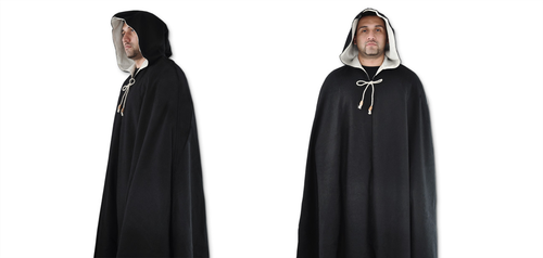 GDFB black wool medieval cloak with hood, front and side views