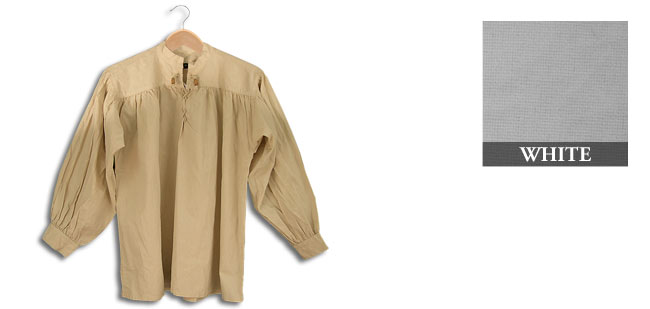 GDFB collarless cotton shirt on a hanger with toggle laced neck and billowed sleeves