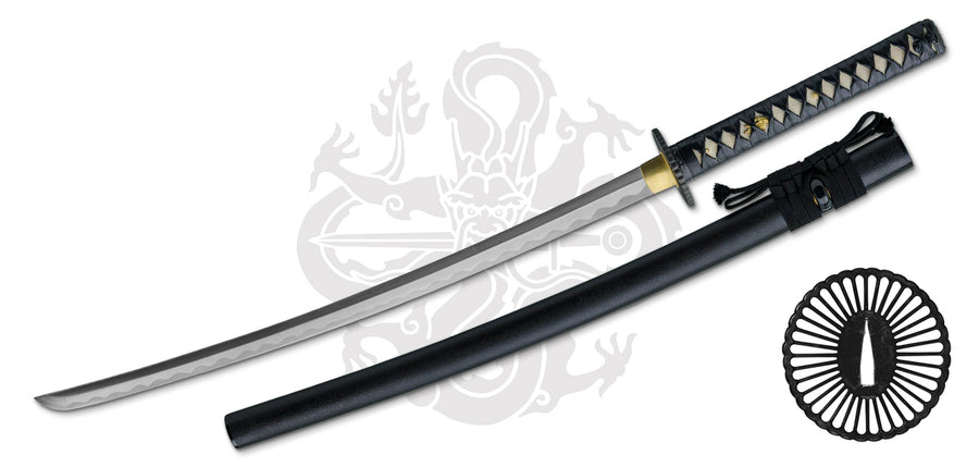 Hanwei Practical Plus Katana full view with black saya scabbard and sunburst tsuba