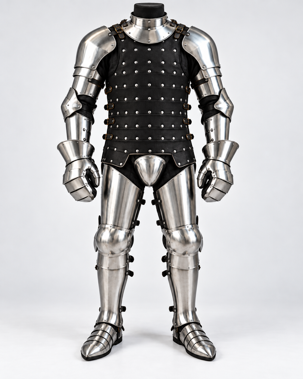 Illustrative digital composite of the proposed seven-piece Buhurt Starter Set with mitten gauntlets; finished matched set not yet photographed