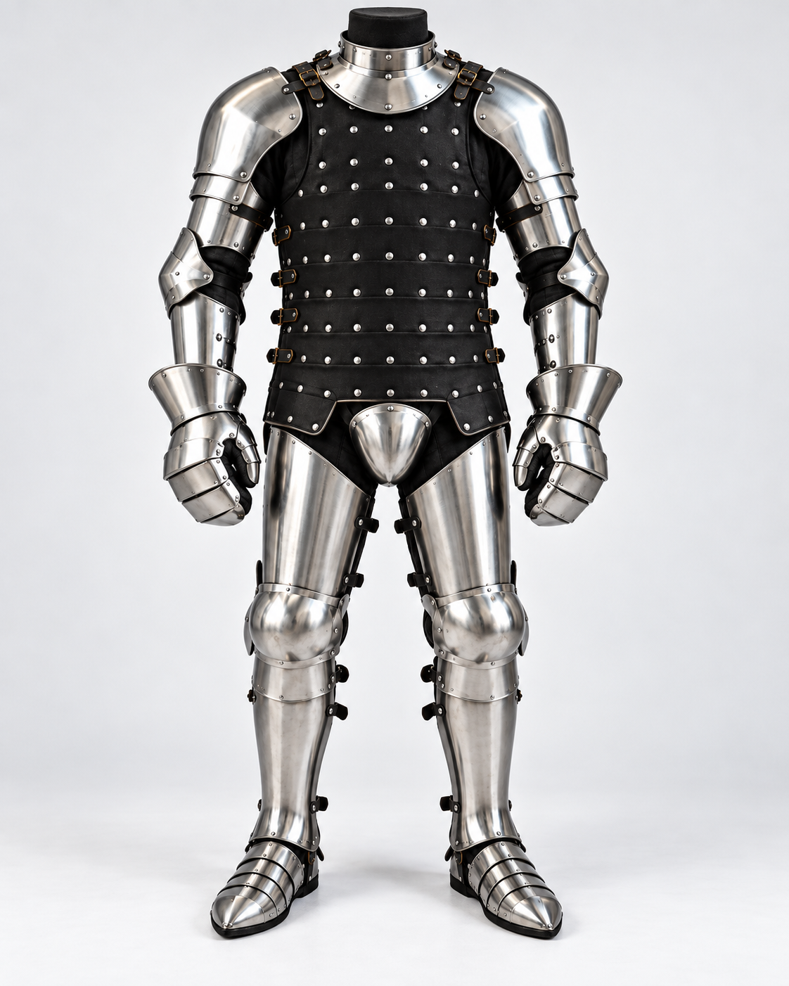 Illustrative digital composite of the proposed seven-piece Buhurt Starter Set with mitten gauntlets; finished matched set not yet photographed