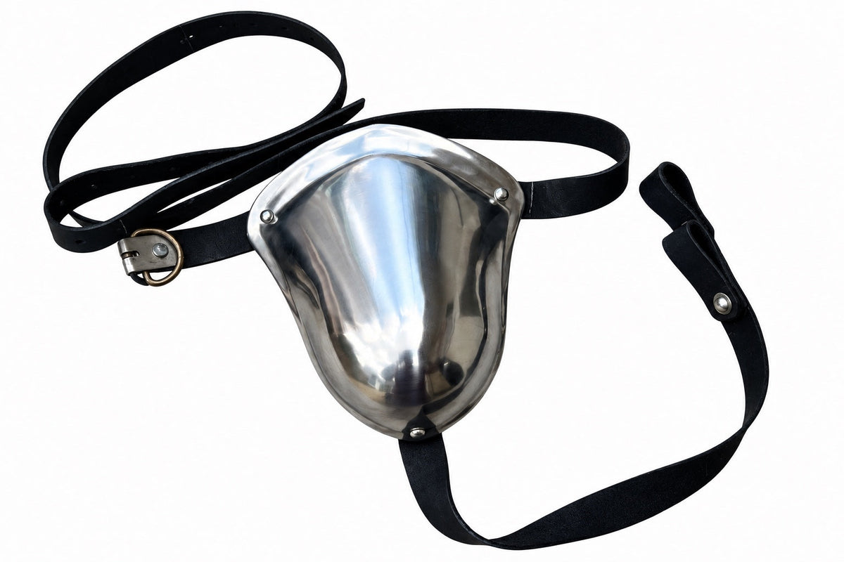Illustrative steel groin protector included in the Buhurt Starter Set