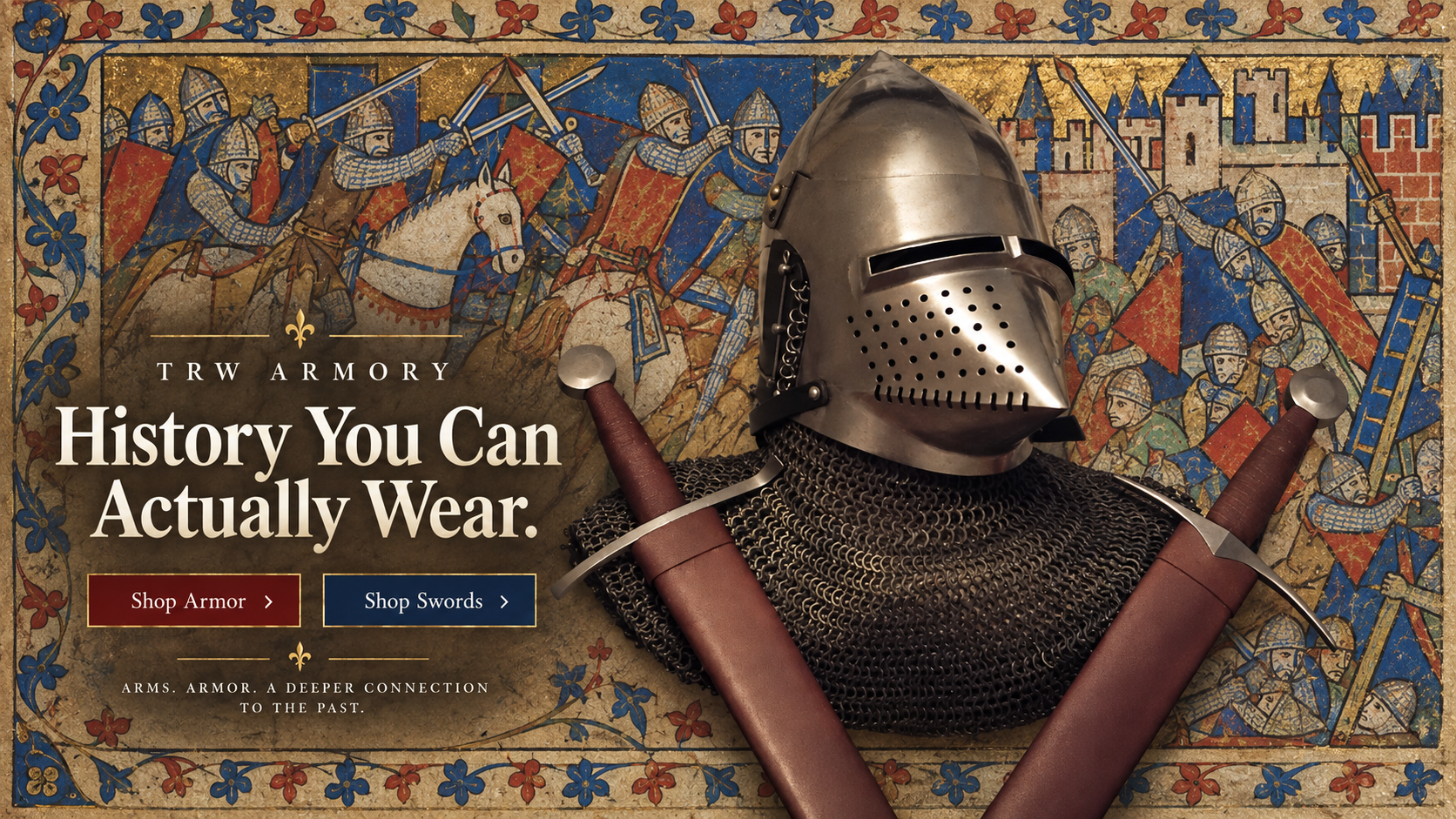 TRW Armory History You Can Actually Wear hero featuring TRW helmet, mail and crossed swords